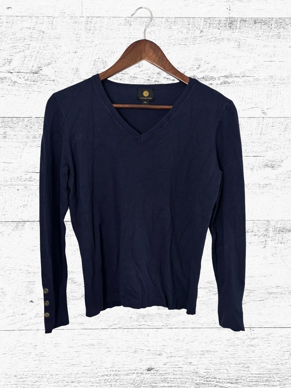 JM Collection Navy V-Neck Ribbed Long Sleeve Top with Button Cuffs